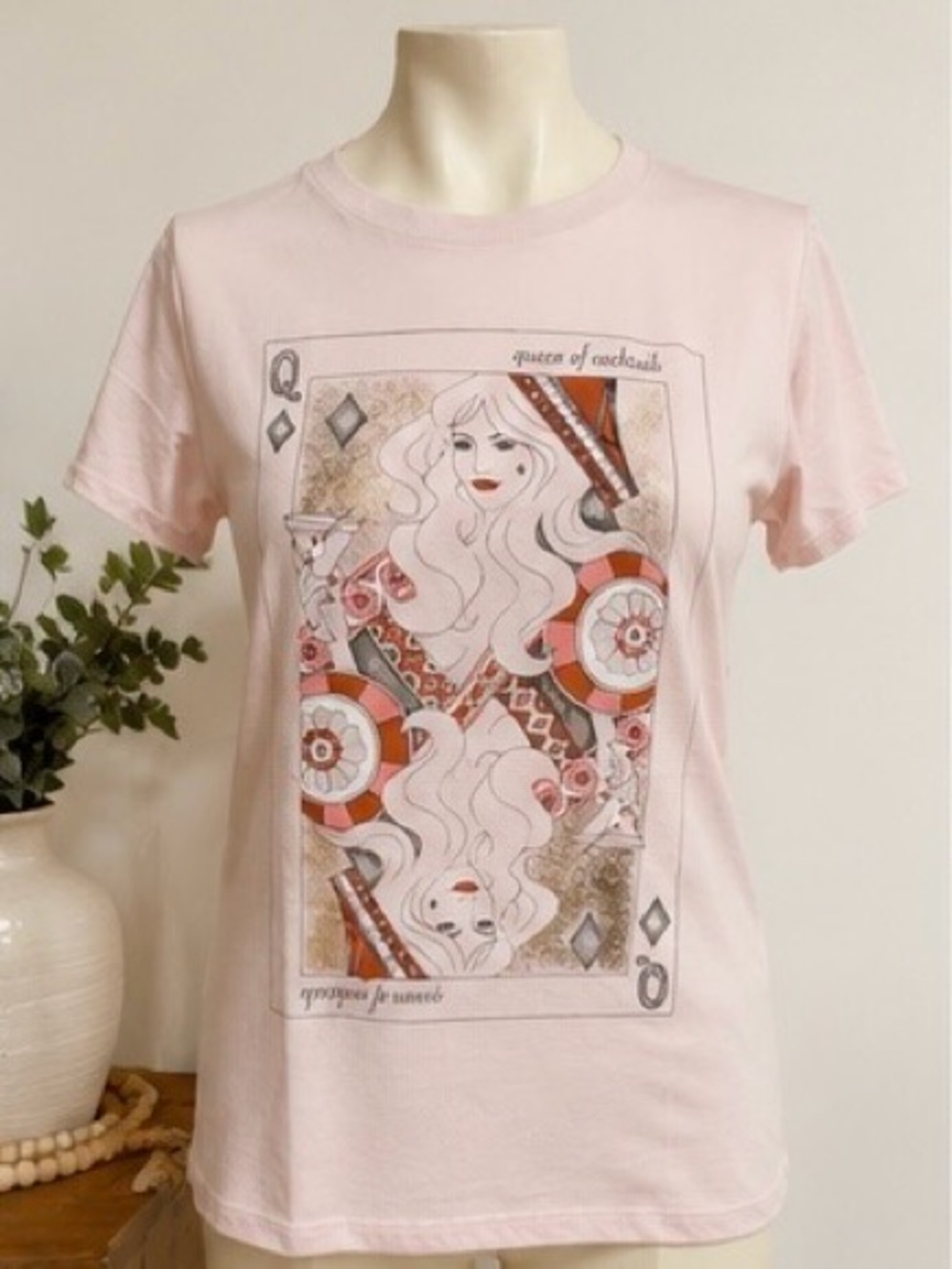Lucky Brand Queen of Cocktails Pink Graphic Tee Small NWT